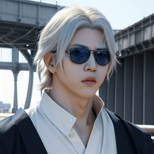 AI generated: Satoru Gojo, Jujutsu Kaisen, Handsome man with white medium length hair, wearing sunglasses and blue...