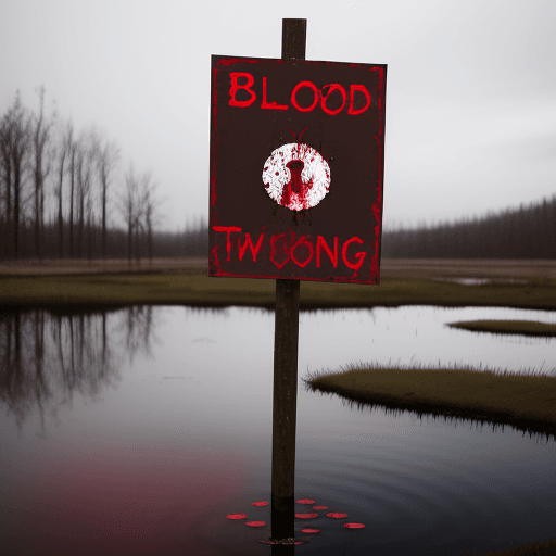 AI generated: a sign with blood dripping down it, with pond in the background