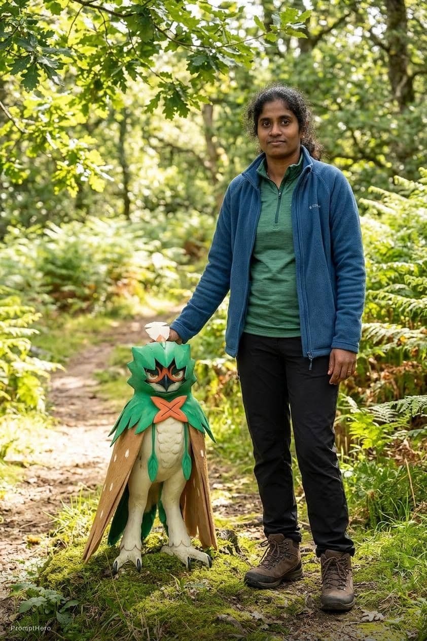 AI generated: a decidueye with a trainer wearing a blue fleece a green top black walking trousers and walking boot...