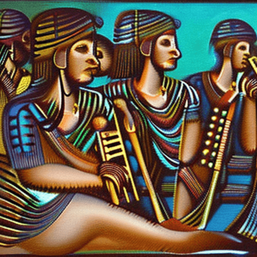 AI generated: A realistic picture of ancient sumerians playing music with flutes and lyres