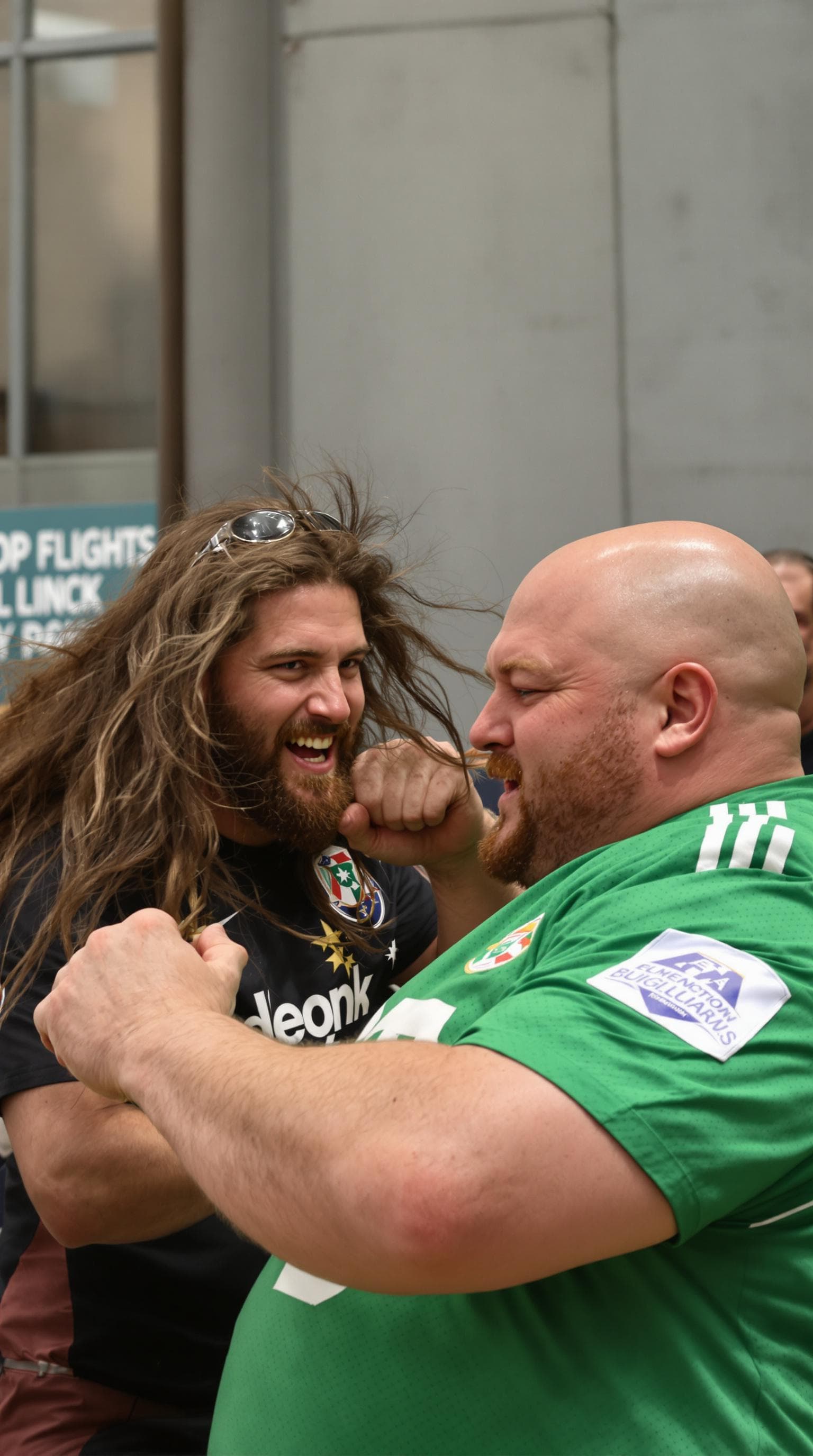AI generated: a realistic man with long brown hair, he is fighting with a fat bald man wearing a green jersey 
