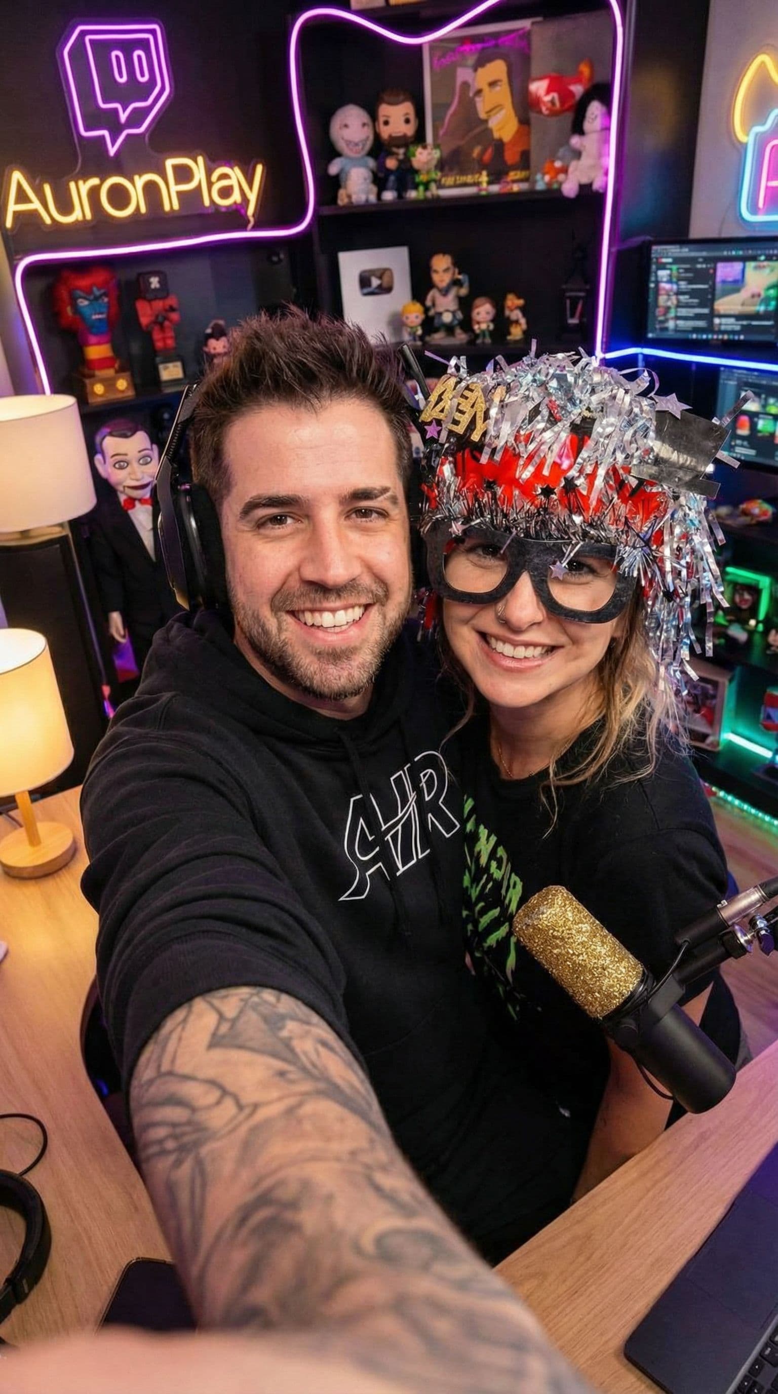 AI generated: Put these two people together in a single selfie-style photo as friends, with a streamer setup in th...