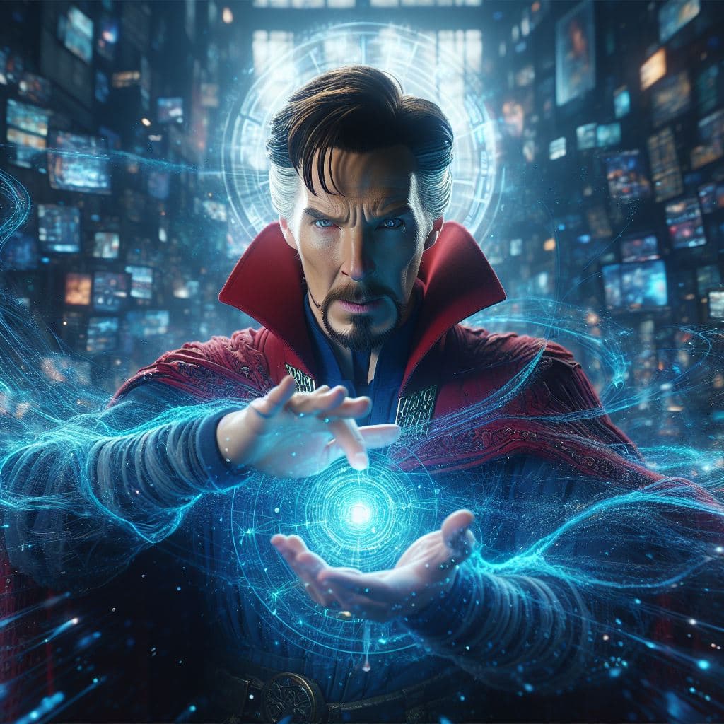 AI generated: Doctor Strange realizando un hechizo complejo con sus manos, masterpiece, octane render, 8k, raytrac...