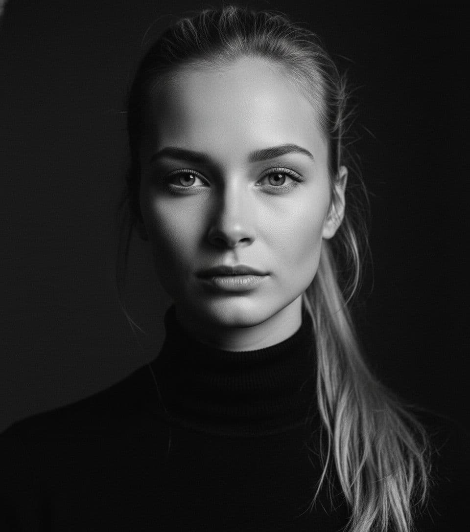 AI generated: Headshot portrait of a young blonde woman with a ponytail, wearing a black turtleneck sweater, looki...