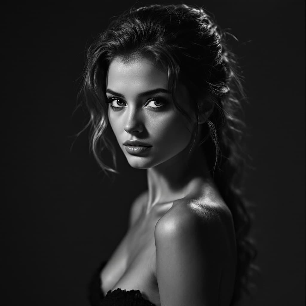 AI generated: A black-and-white photo of a young handsome woman, abs fit, in the style of Fritz Lang. --ar 31:38 -...