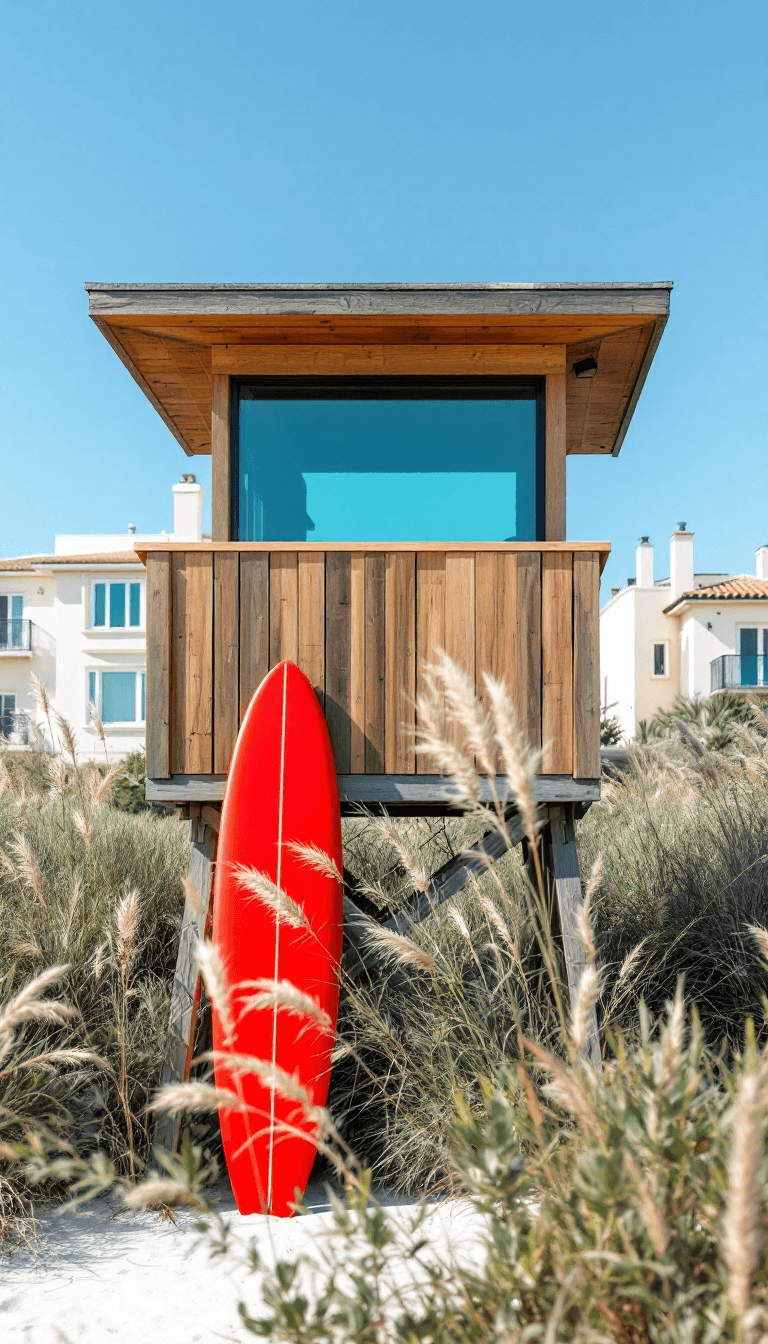 AI generated: A vertical composition of a stylish beachside lifeguard post, constructed with wooden slats in a min...