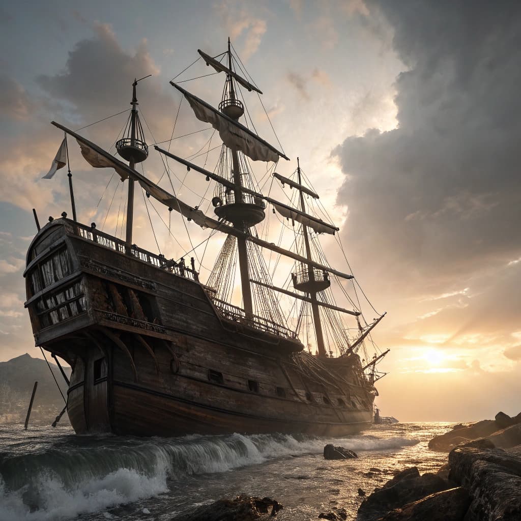 AI generated: Photo of a ultra realistic sailing ship, dramatic light, pale sunrise, cinematic lighting, battered,...