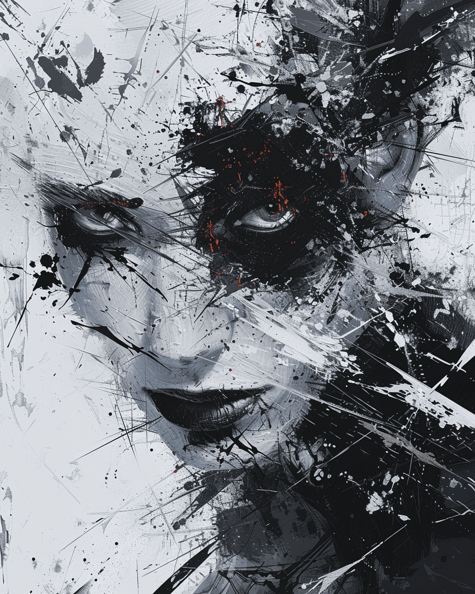 AI generated: An abstract female portrait with paint splashes, in the style of Ralph Steadman, with a digital art ...