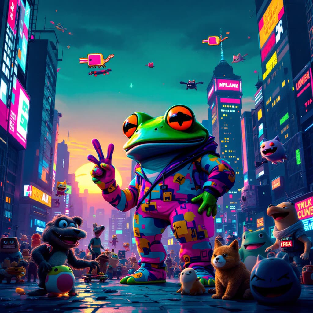 AI generated: A surreal scene unfolds in the heart of a neon-lit cityscape, where a giant, anthropomorphic frog wi...