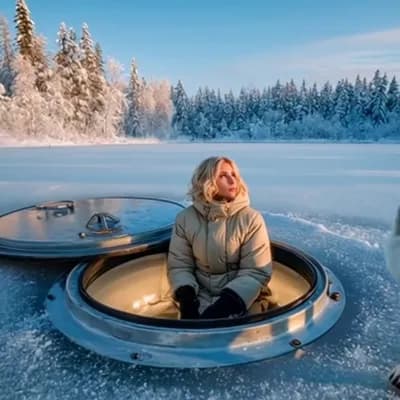 AI generated video: Ultra-realistic Arctic frozen lake at golden hour. Circular metallic hatch embedded in ice in the fo...