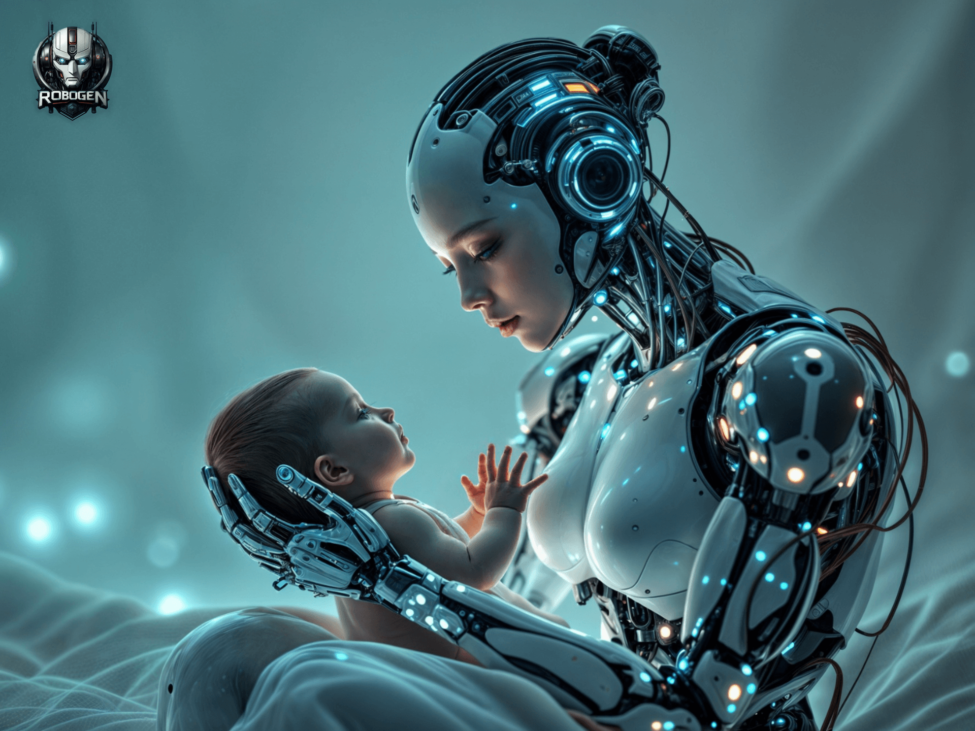 AI generated: female  AI cyborg squatted down looking at baby on her lap, bio-mechanic body,  mechanical limbs, no...