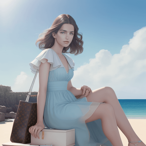 AI generated: Louis Vuitton Commercial, sitting sideways in a dreamy seaside outdoor, bright light blue sky, beaut...
