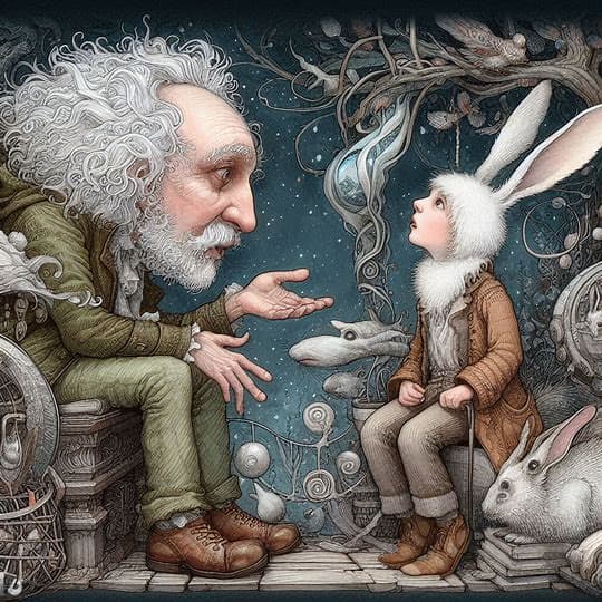 AI generated: Illustration, Whimsical and fantastical depiction of Jules conversing with a rabbit’s head in a surr...
