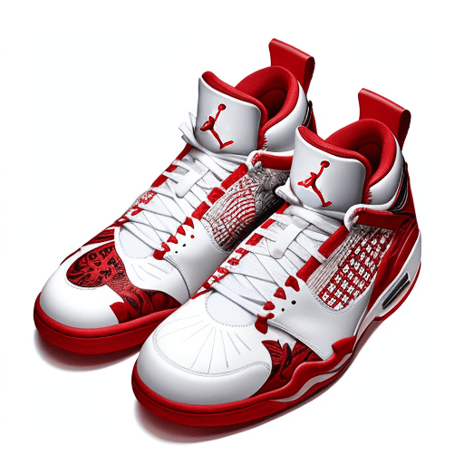 AI generated: a pair of nike Air Jordan snipes | white and red | empty background | commercial shot --s 750, make ...