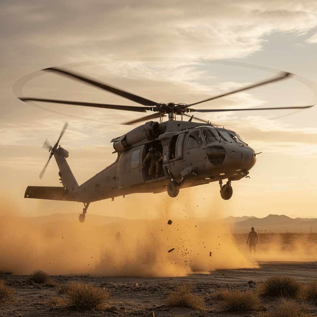 AI generated: "A Pave Hawk helicopter hovering — close-up, rotors glowing with motion blur, desert dust swirling b...
