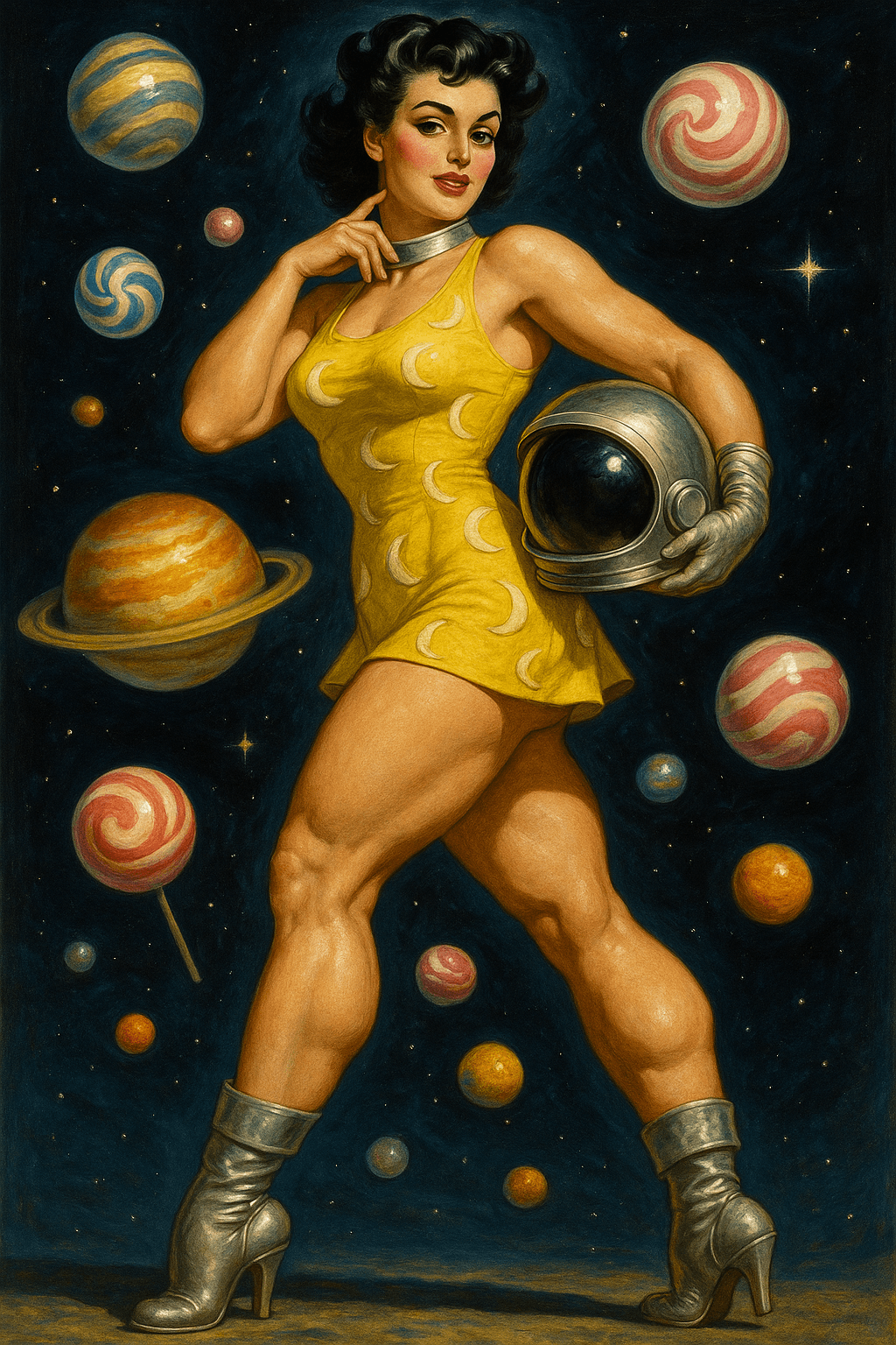 AI generated: Full-body painting of a pin-up woman in a short yellow lunar-themed dress, inspired by Joyce Ballant...