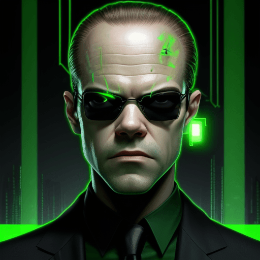 AI generated: Agent Smith from the Matrix, half of his face fading into green glowing code made of 0s and 1s, hype...
