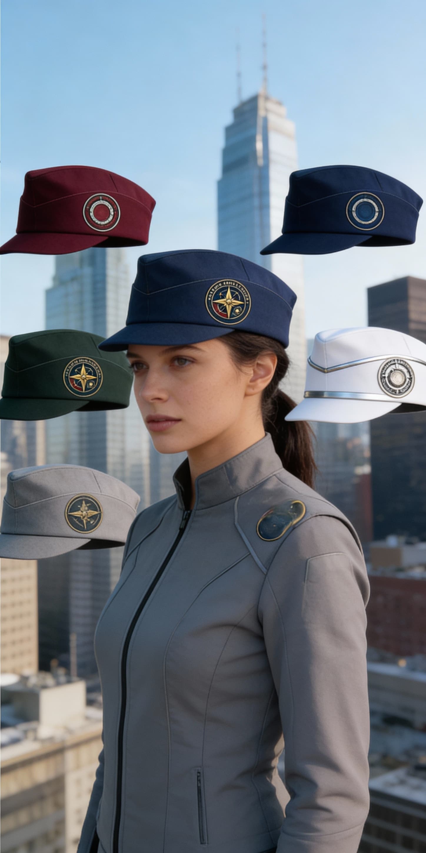 AI generated: Create a Sci-Fi uniform Cap. Use the Reference image and display five female caps. One Dark Red, one...