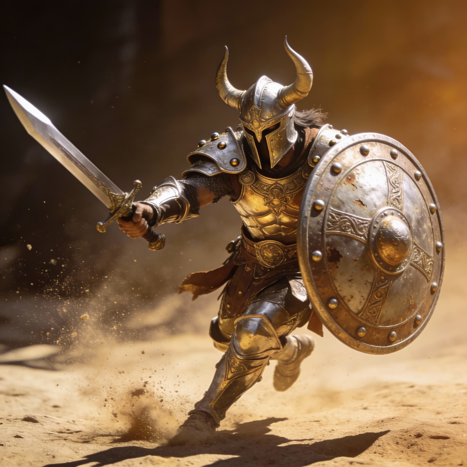 AI generated: A fantasy fighter with a sword a shield gladiator armor a helmet 