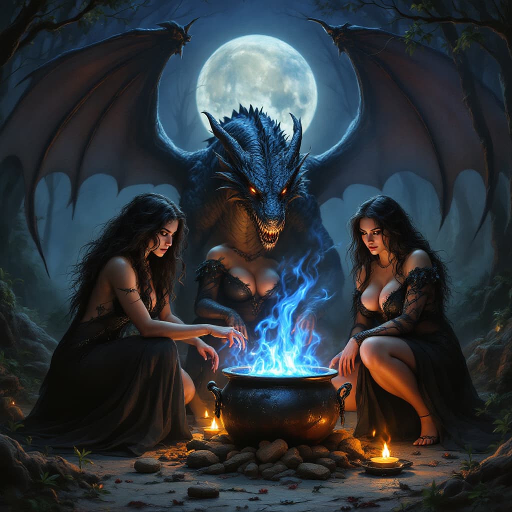 AI generated: 3 voluptuous female witches with dark hair and macromastia performing ritual around a cauldron with ...