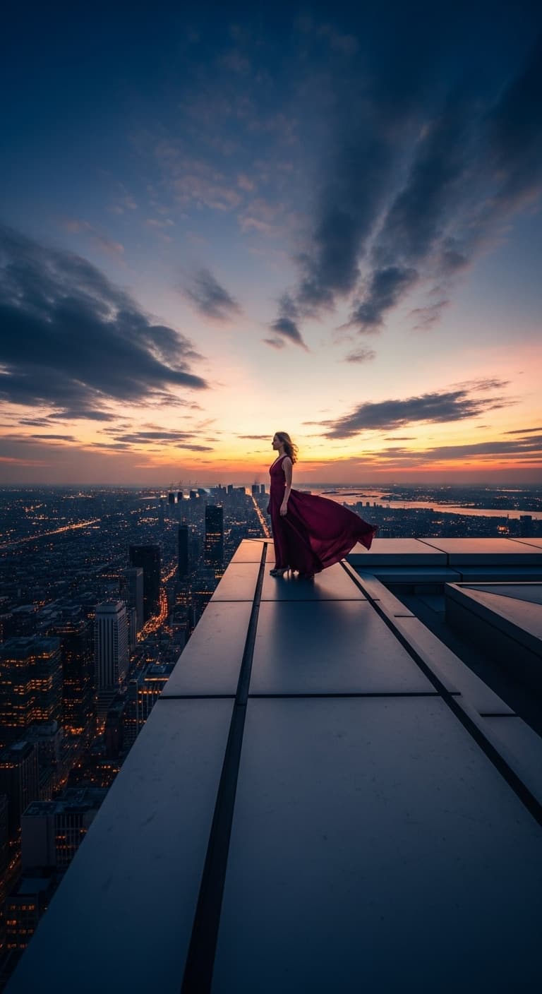 AI generated:  elegant woman on top of a very tall building, wide angle shot, low angle capture.