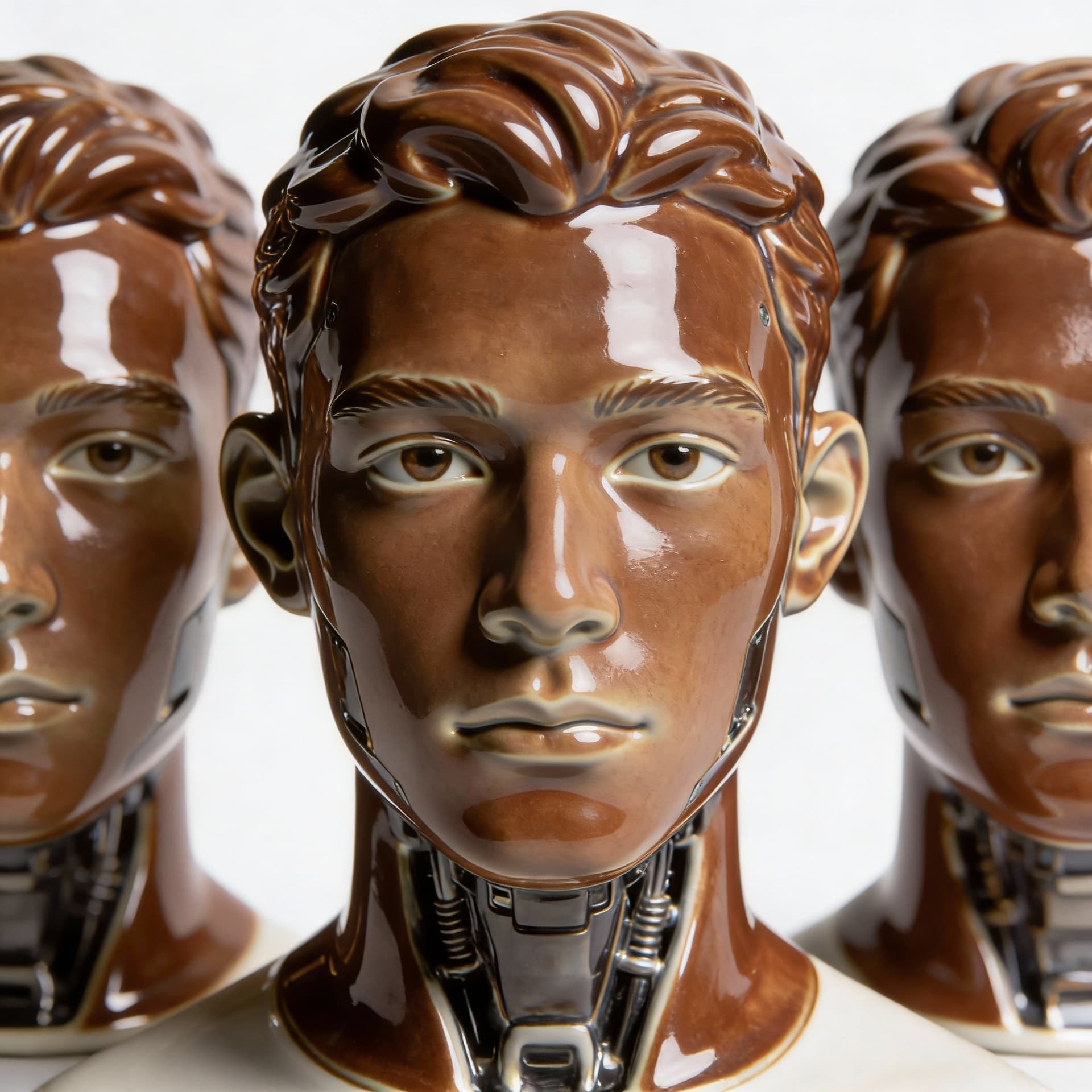 AI generated: Young men, bionic ceramic glossy brown face sculpture, pushed out of the background, front view, bri...