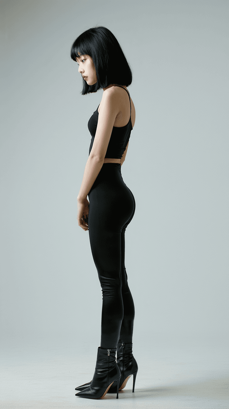 AI generated: portrait of a woman with black hair and a slender figure. She is posed in a slightly turned profile ...