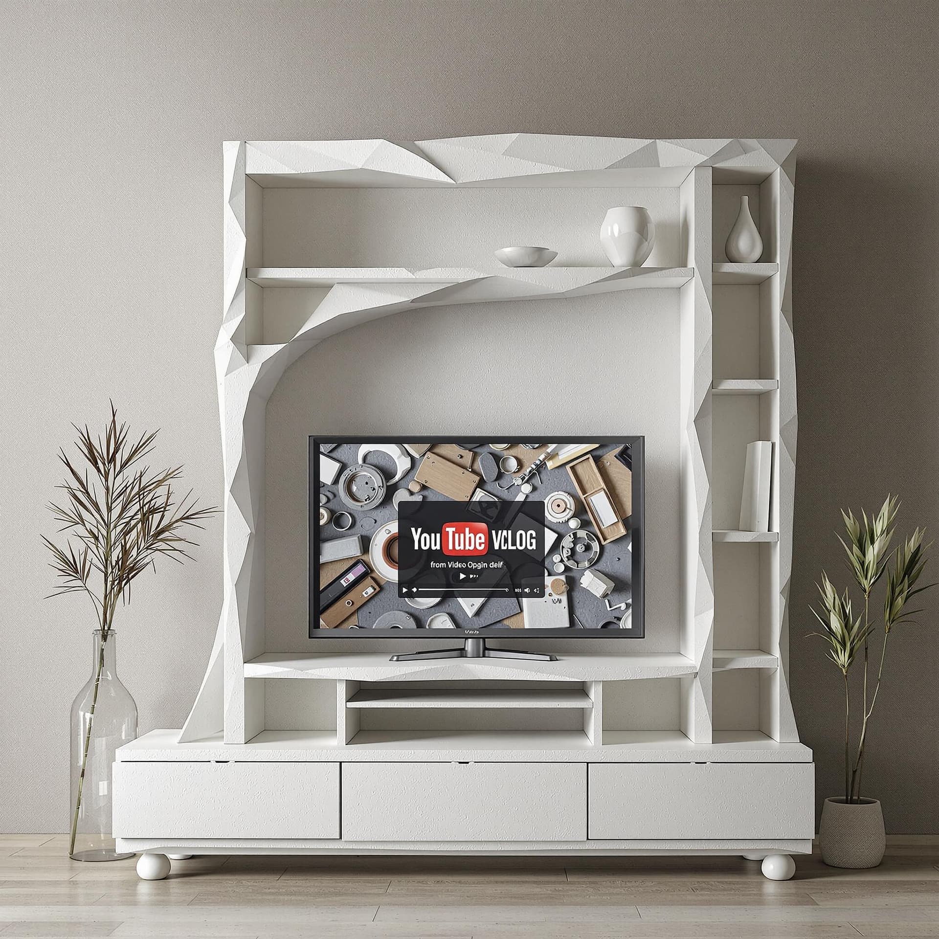 AI generated: generate plaster sculture based on a form of a bookshelf living room furniture. enhace the texture o...