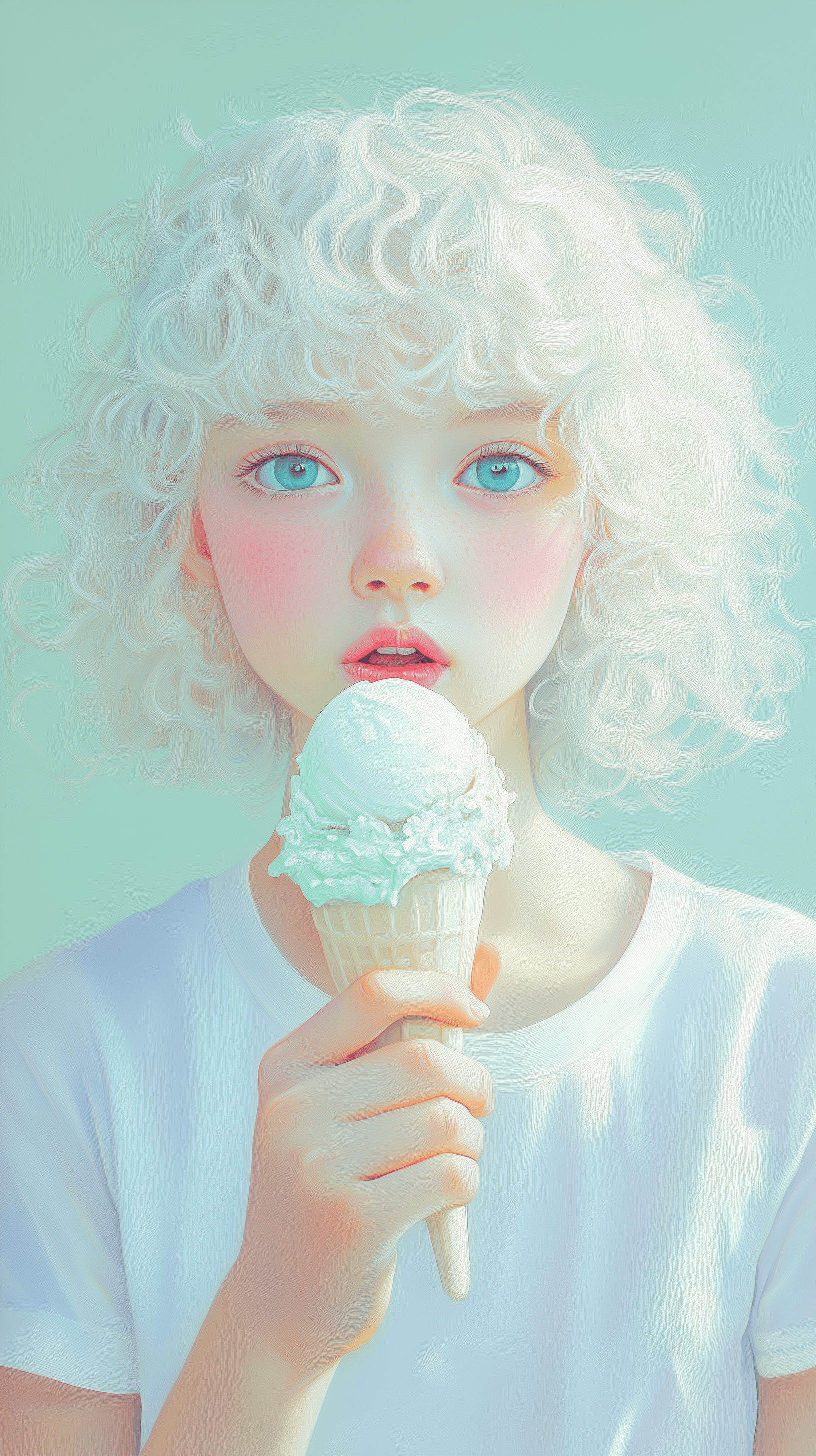 AI generated: oil painting, simplify style, front portraits, girl aged 10, curly, white hair, wearing a white T-sh...