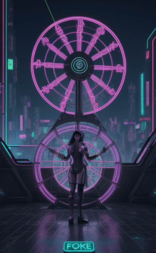 AI generated: Cyberpunk  The Wheel Of Fortune Tarot Card, Words " Wheel Of Fortune ", High Contrast, Neon, Cyberpu...