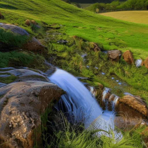 AI generated: grass, meadow, hills, summer, clouds, blue sky, oak tree, bushes, waterfall, stream