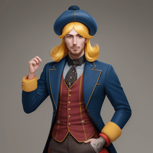 AI generated: A 27 year old man, wearing felt narrow brim hat, a yellow wig, a blue round tail outside jacket, a r...