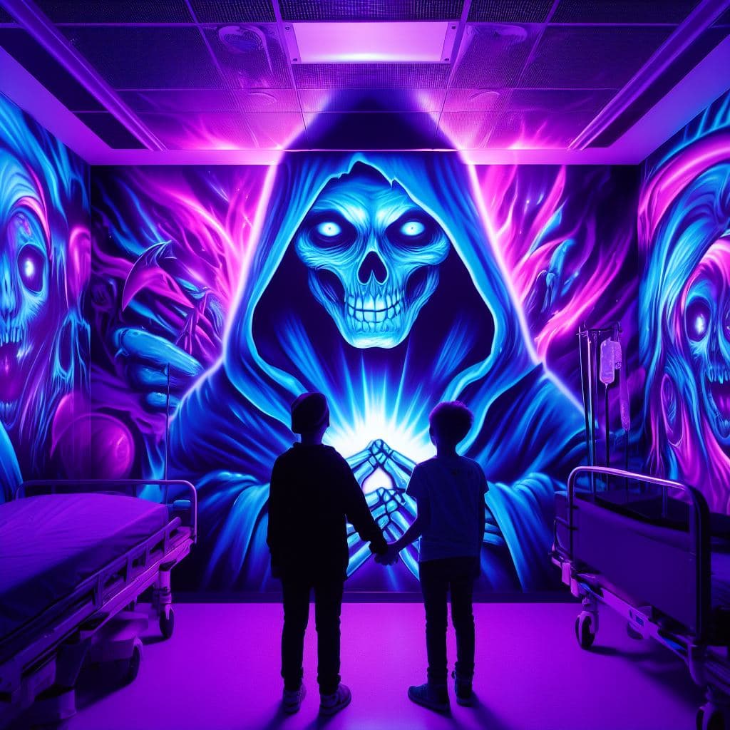 AI generated: Ultra Violet Psychedelic Lights but as a MURAL facial Grim-Reaper-Wraith, a boy and a girl at a hosp...