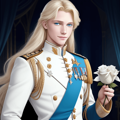AI generated: generates a prince charming, blond with blue eyes and long hair, tall and muscular, chivalrous with ...