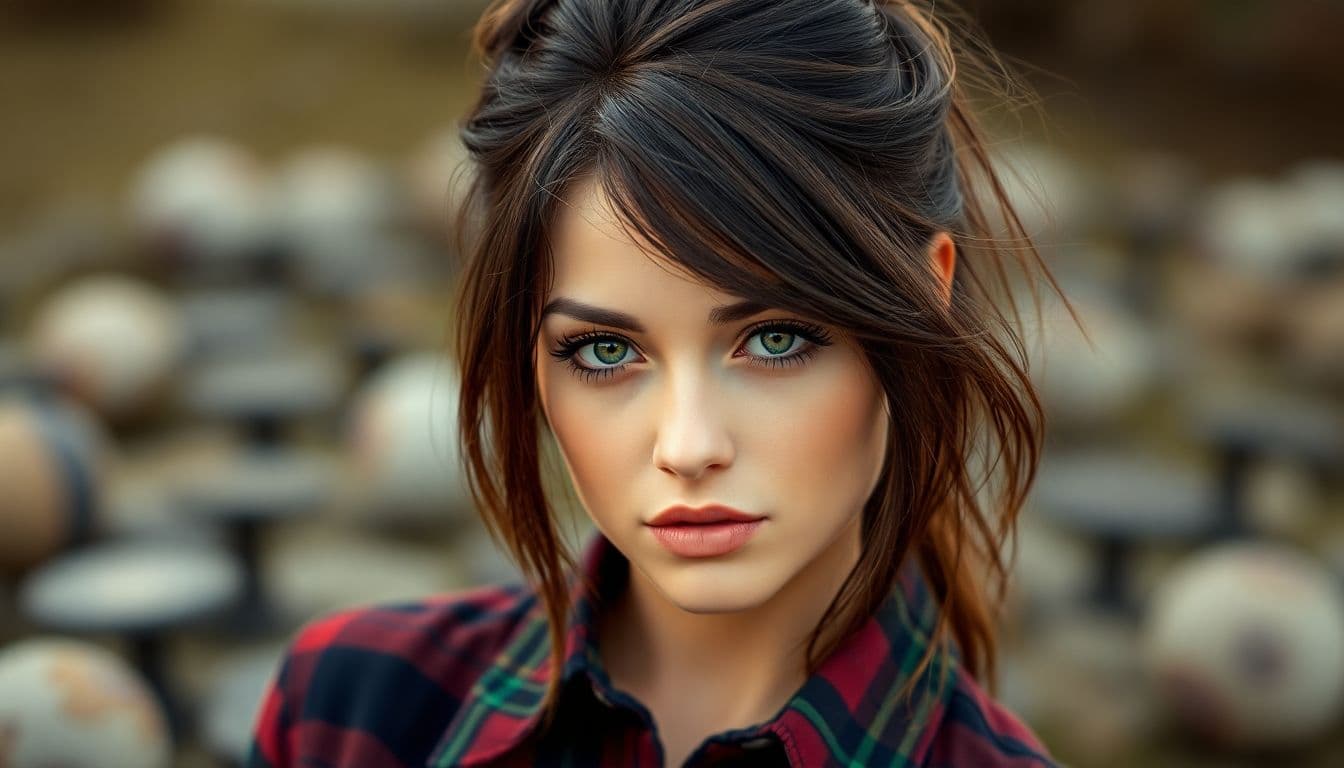 AI generated: A Body Photo of a beautiful brunette Scottish girl, green eyes, messy beehive hair style, natural sk...