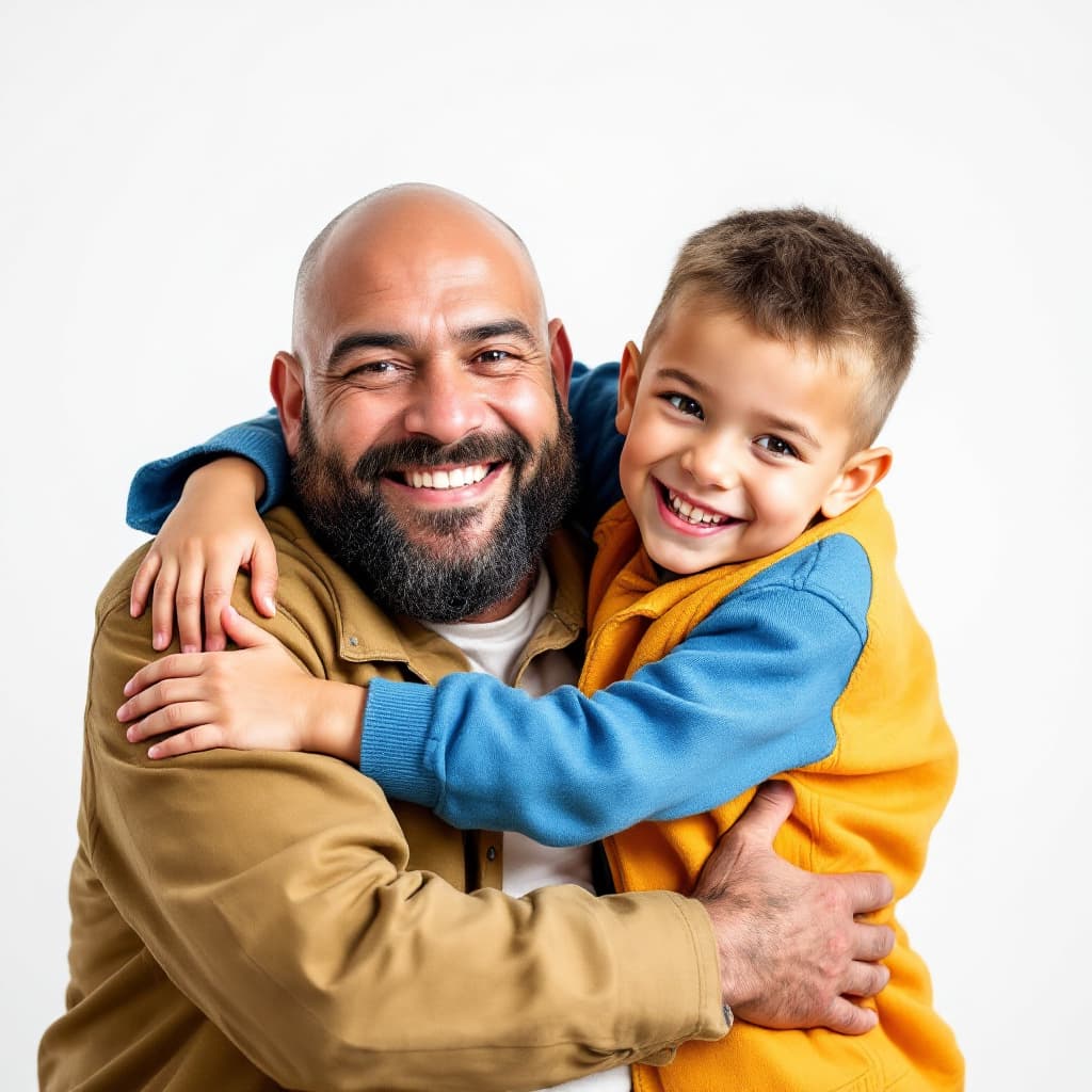 AI generated: There is a very happy face of a little boy hugging his father, whose clothes are very eye-catching i...