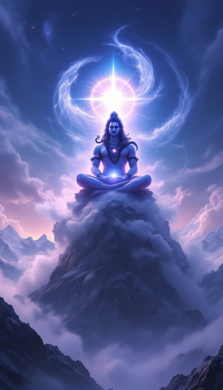 AI generated: "Generate an image of god shiva, the Hindu deity, depicted seated in meditation atop Mountain. Show ...