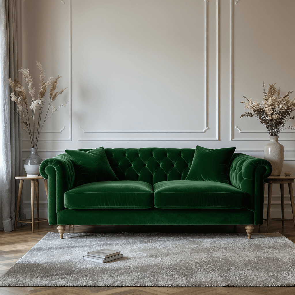 AI generated: High resolution photography interior design, "forest green couch", living room, wooden floor, rug, i...