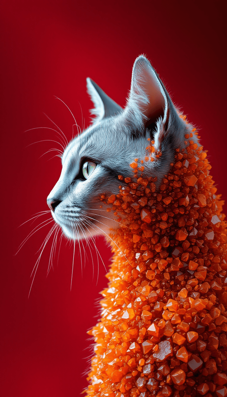 AI generated: A silver tabby made from rough orange crystals, in profile, side view, surrealism, pencils, fashion ...