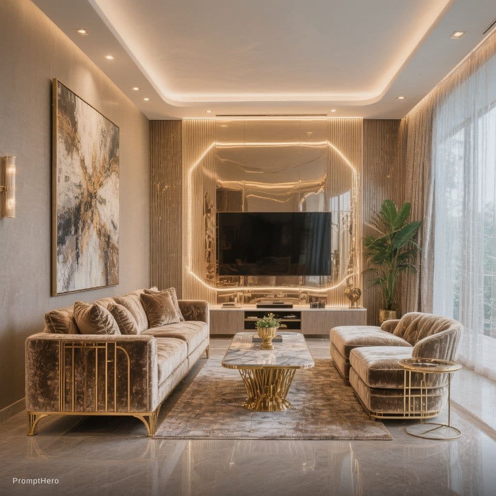AI generated: Interior design of a 3 BHK living room, modern luxury style, neutral beige and champagne gold color ...