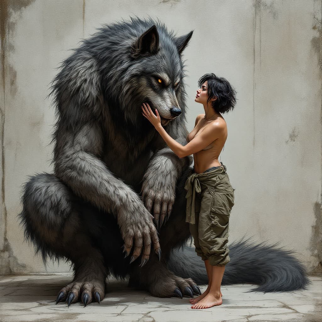 AI generated: full-body portrait of a woman in baggy pants, barefoot, with dark tousled short hair, affectionately...