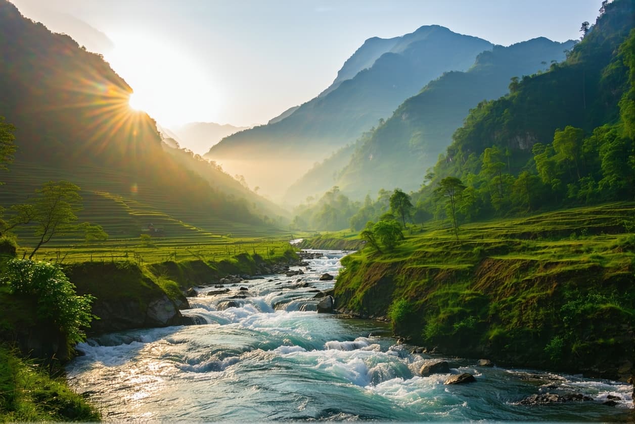 AI generated: "A breathtaking high-resolution image of a serene mountain landscape at sunrise, featuring lush gree...