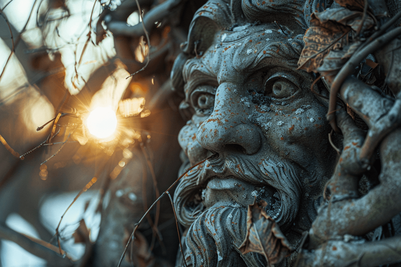 AI generated: A photo of an old statue of goblin hidden behind the branches in winter, the setting sun shines thro...