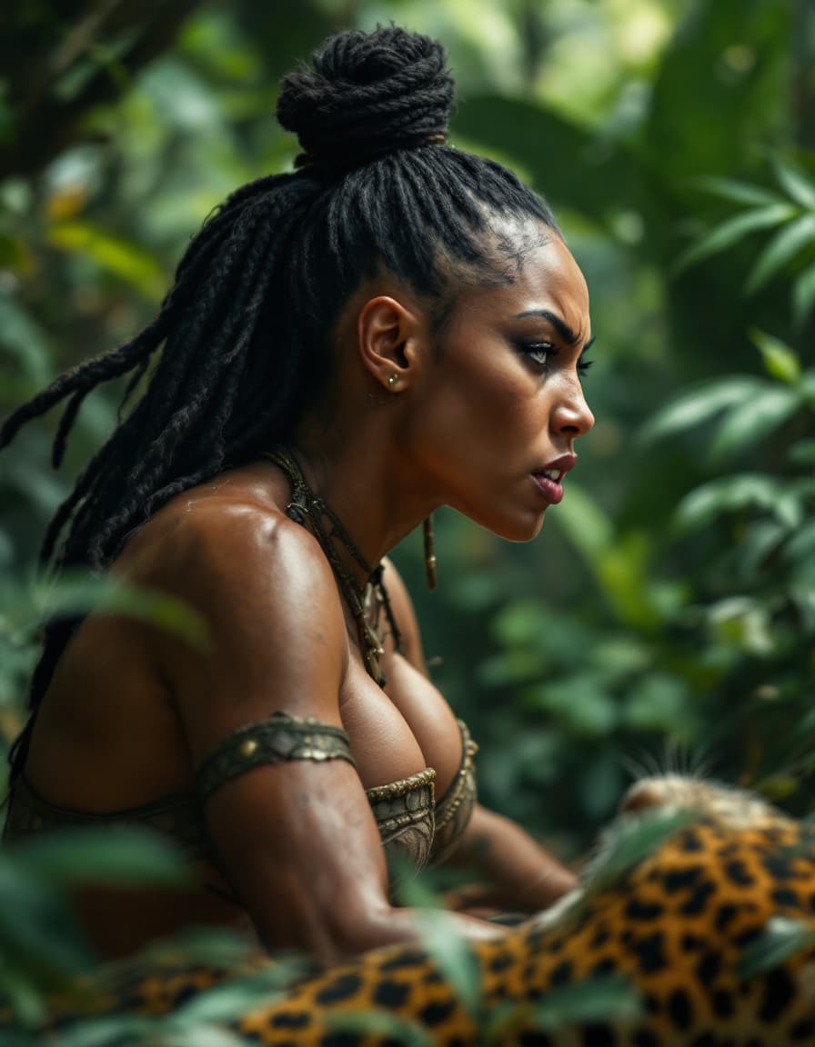 AI generated: (side view, picture) In a lush, overgrown jungle, a fierce (angry expression) and agile warrior-quee...