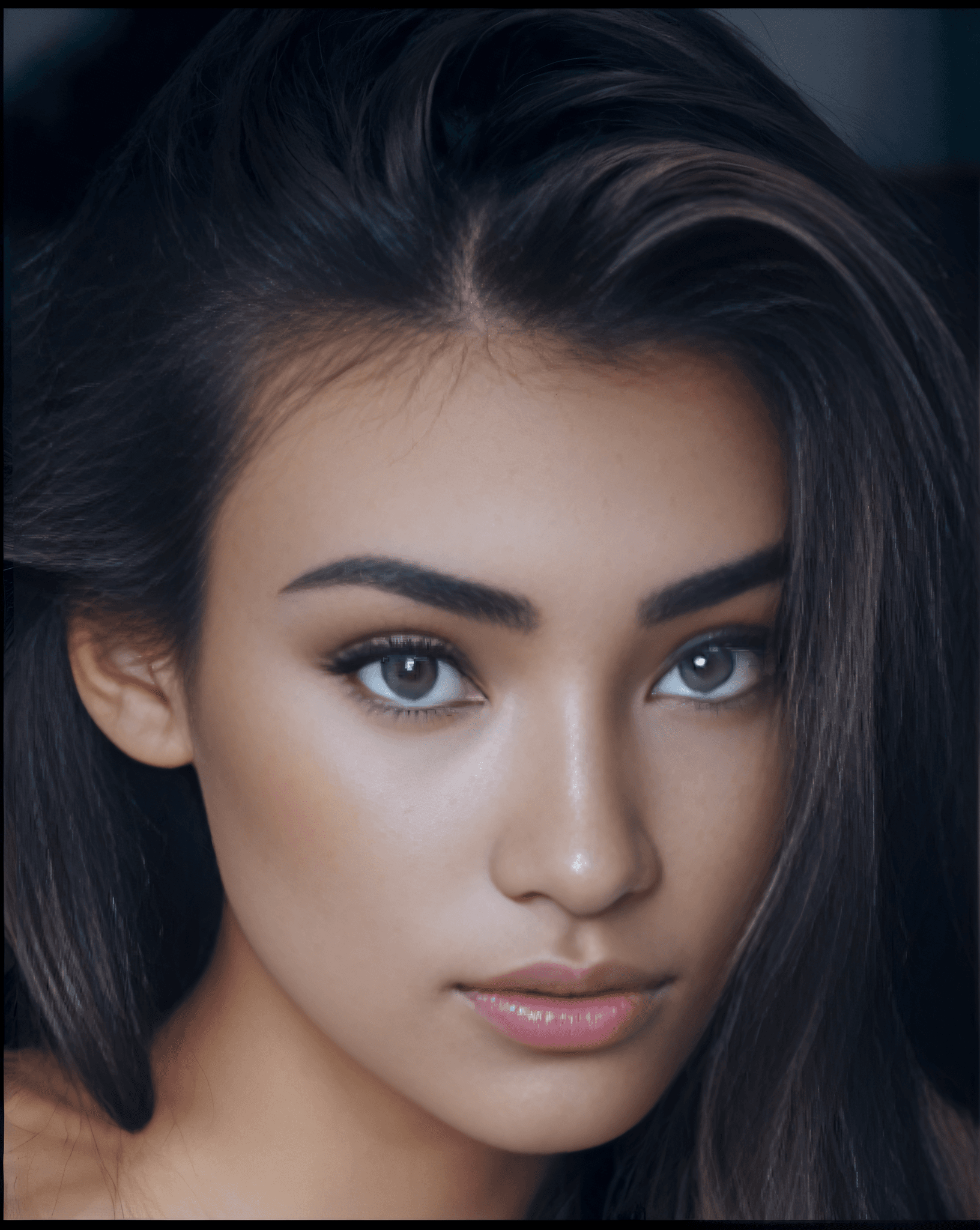 AI generated: woman with long lilac hair and green eyes posing for a picture, portrait sophie mudd, madison beer g...