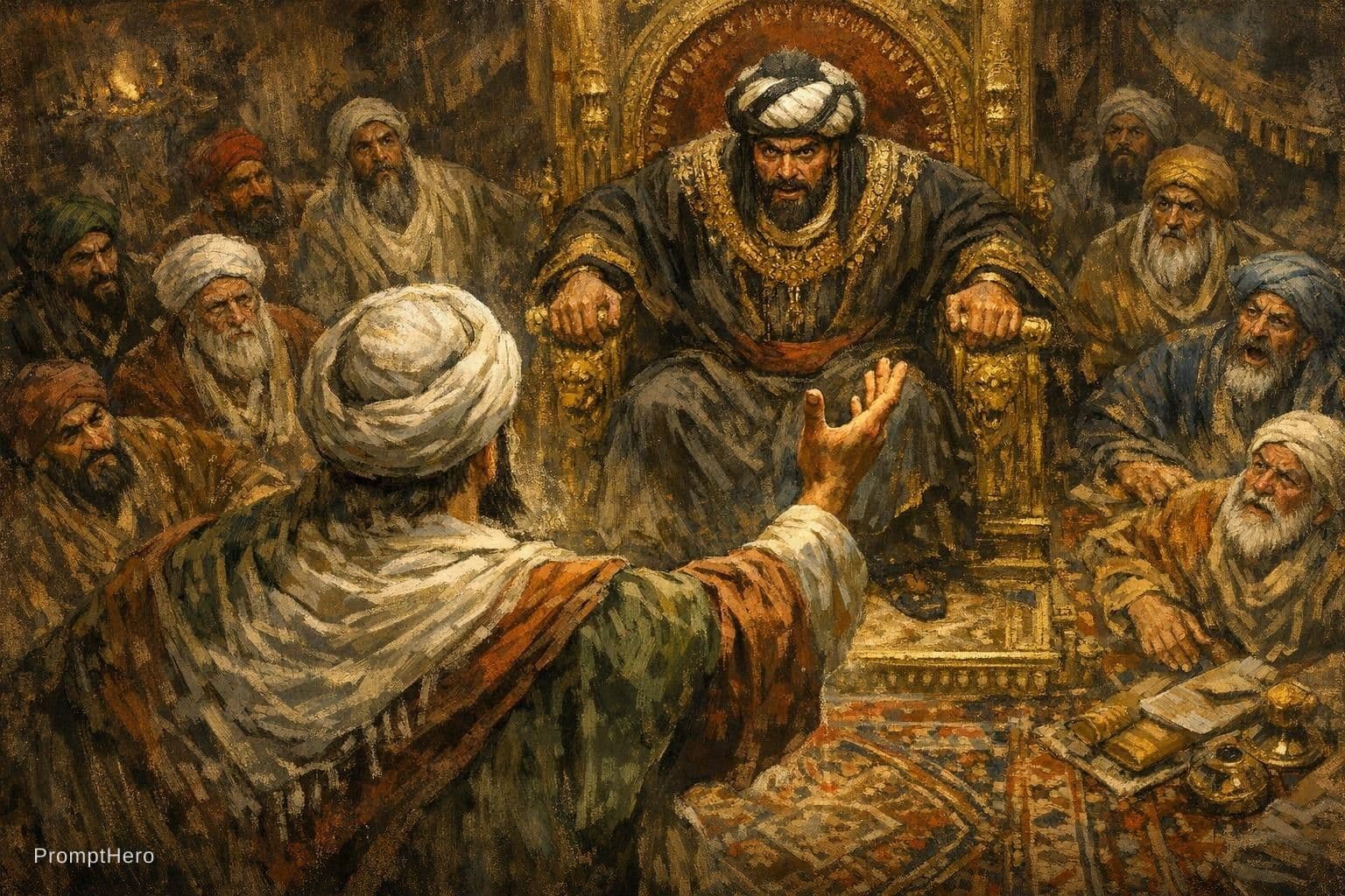 AI generated: Legendary cover picture art, imagine this, the mutanabi standing infront of the Abbasid khalif, the ...