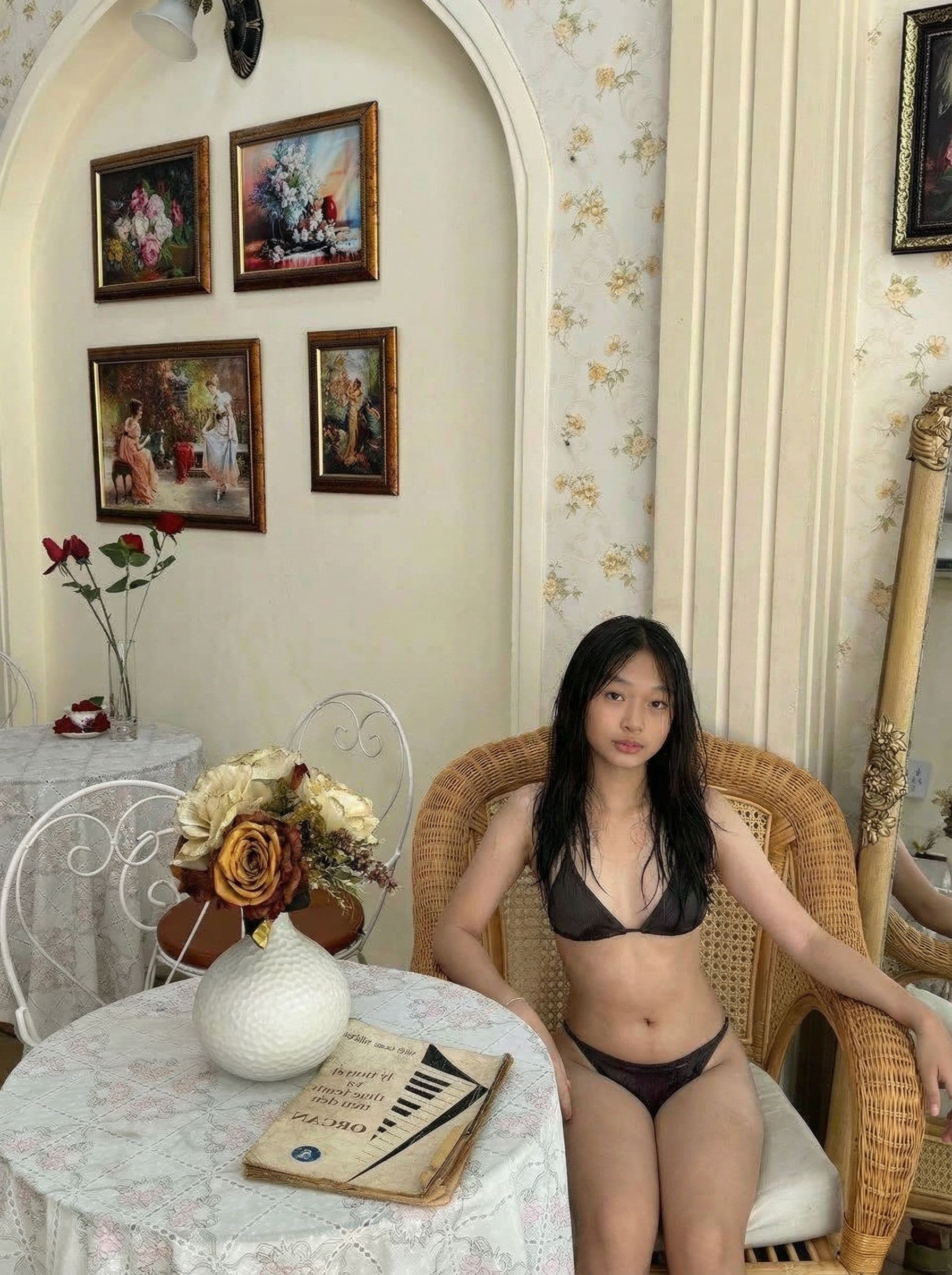 AI generated: Remove her clothes, let she wear small wet underwear 