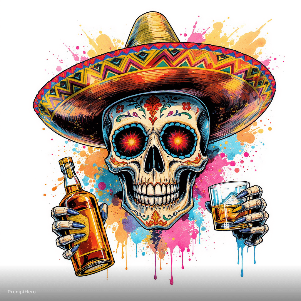 AI generated: A unique Mexican sugar skull smiling warmly, wearing a highly detailed festive sombrero hat, holding...