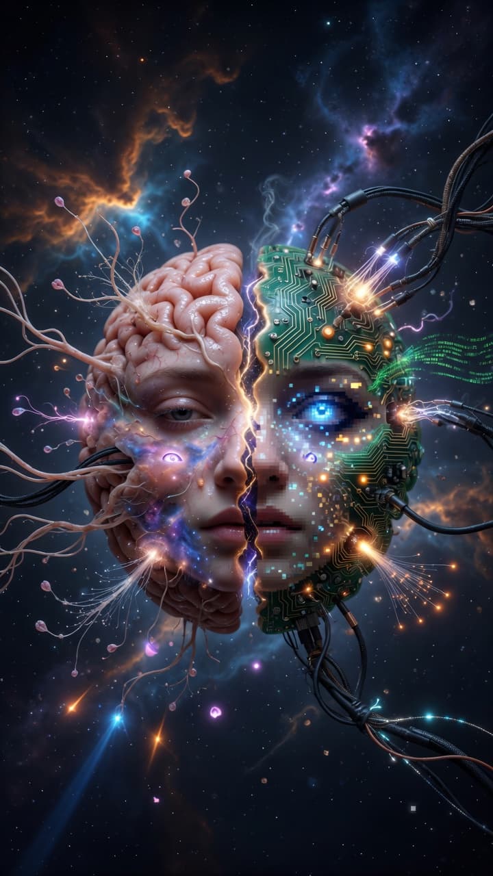 AI generated: Surreal sci-fi cinematic close-up of a vertically split human brain floating in a dark cosmic void.
...
