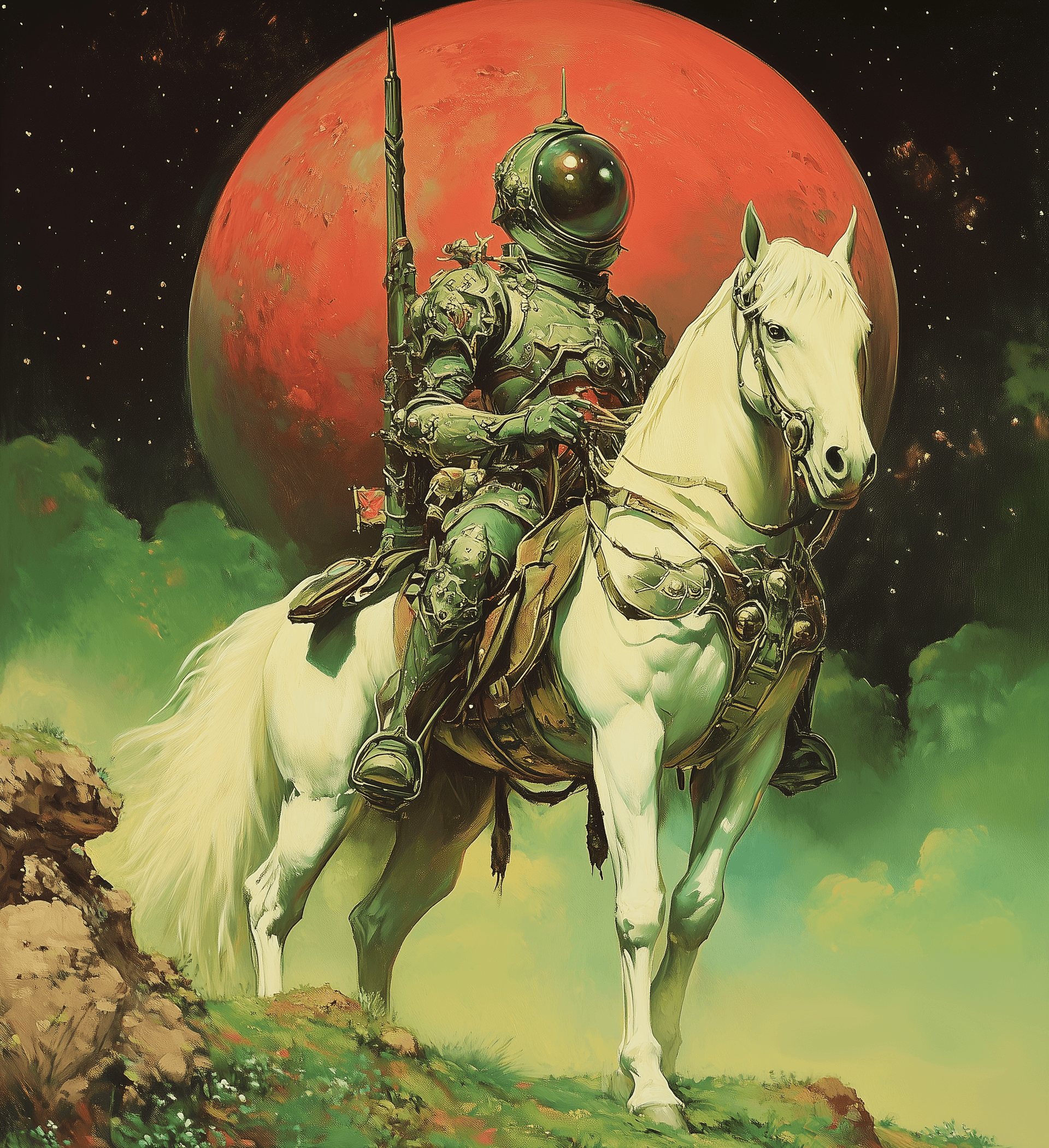 AI generated: A green and red planet in the background, an alien with a helmet holding a weapon, sitting on a whit...